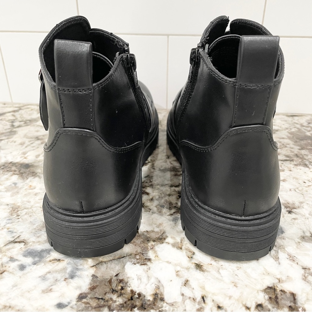 9, 9.5 SO Black with silver buckle faux leather ankle combat booties - Picture 4 of 11